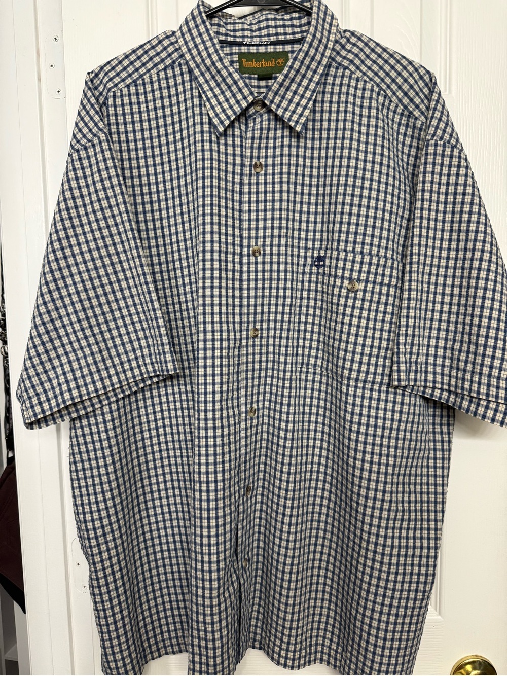 Timberland Blue and White Checked Short-Sleeve Button-Down Shirt